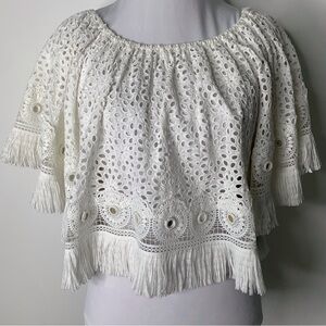 Miss June Women's White Boho Woven Cropped Perforated Tassels Blouse Size Small